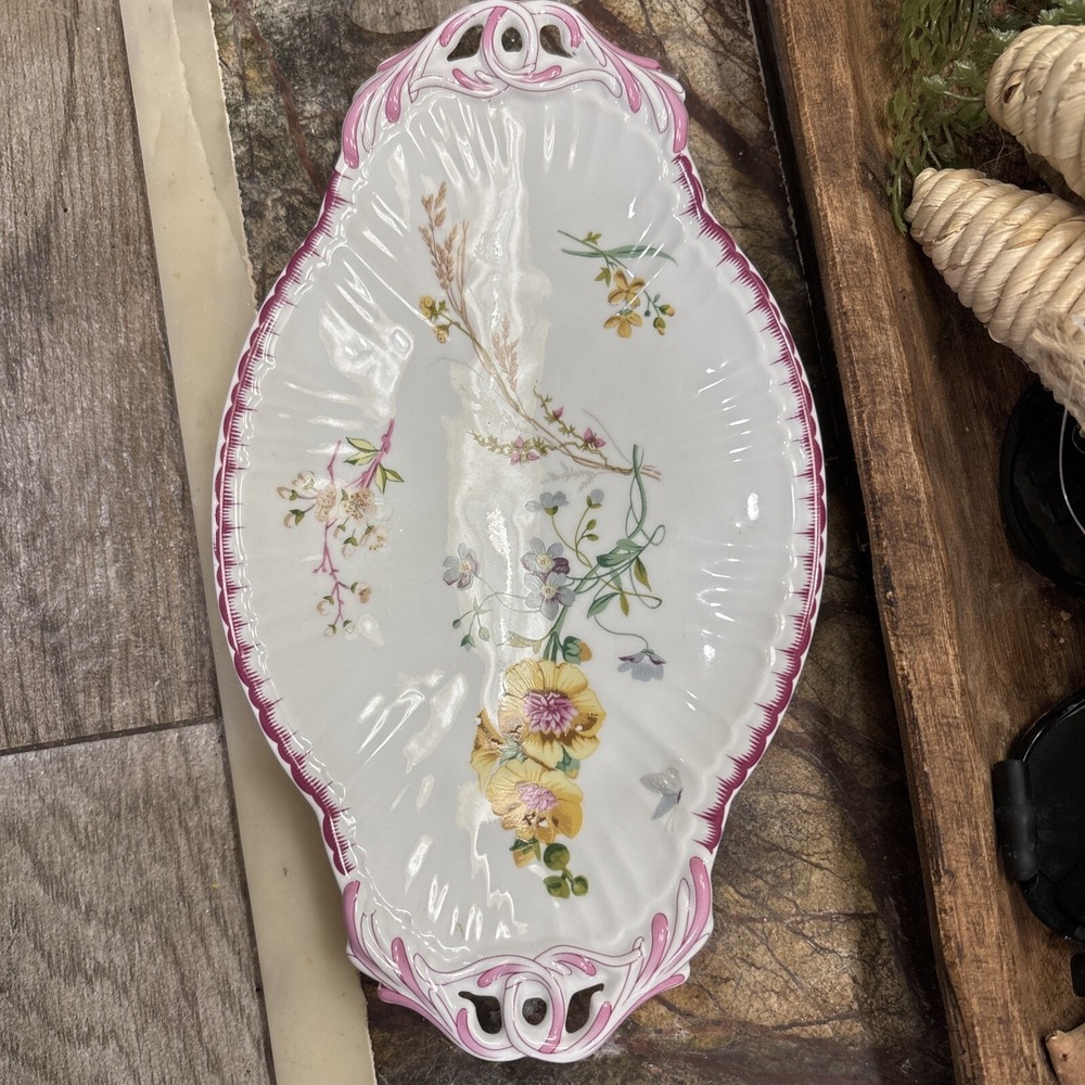 Two's Company Floral Dish Dresser Tray Pink scalloped pansies wild flowers